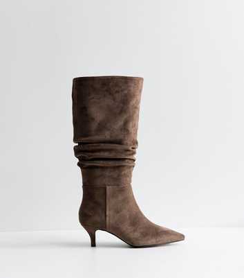 Wide Fit Mink Faux Suede Ruched Pointed Knee Boots