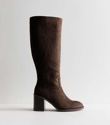 Dark Brown Faux Suede Block Heel Boots