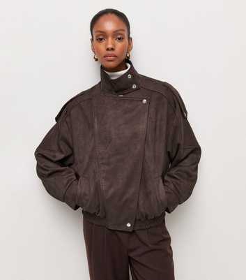 Dark Brown Faux Suede Asymmetric Front Wrap Funnel Neck Jacket