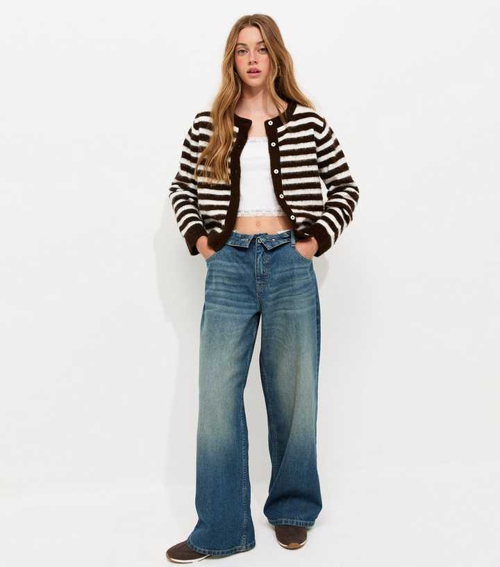 Girls Blue Folded Waistband Slouchy Wide Leg Jeans