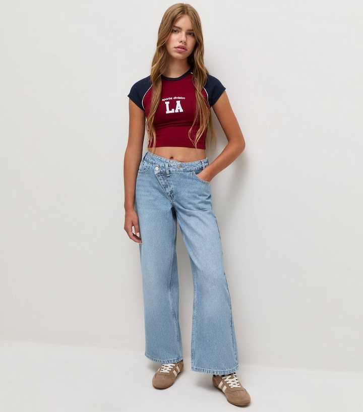 Girls Blue Victoria Asymmetric Waist Slouchy Wide Leg Jeans