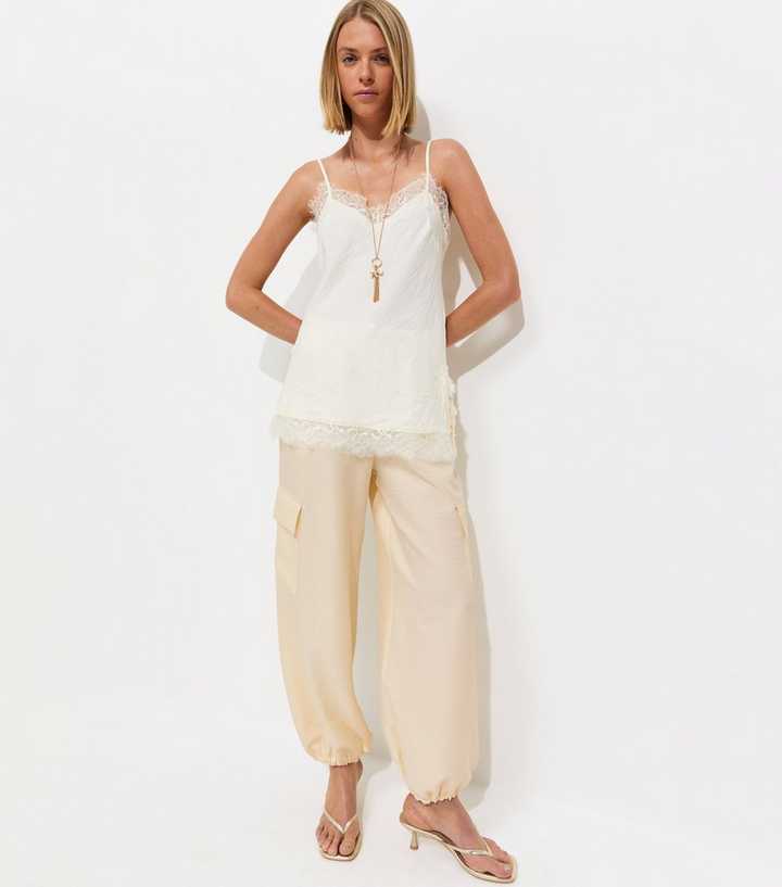 Cream Texture Cargo Cuffed Trousers