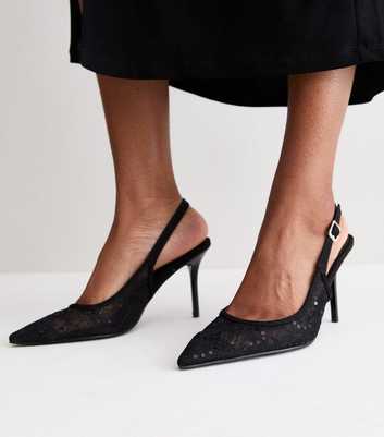 Black Floral Lace Slingback Pumps