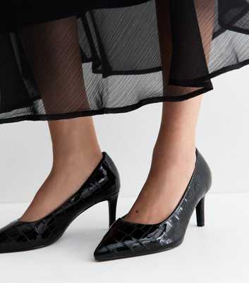 Extra Wide Fit Black Faux Leather Croc Embossed Court Shoes