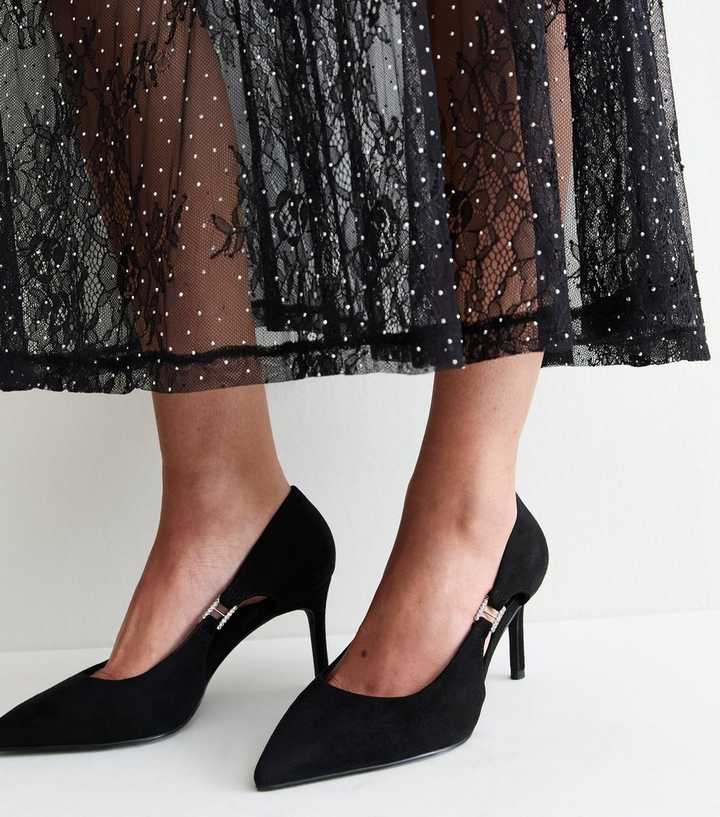 Extra Wide Fit Black Cut Out Diamante Court Stiletto Heels