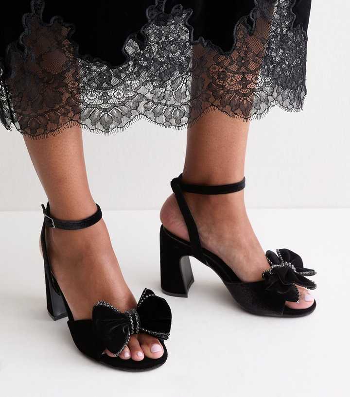 Wide Fit Black Embellished Velvet Block Heel Sandals