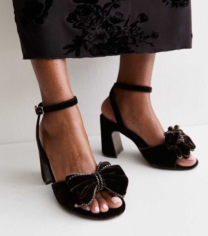 Wide Fit Dark Brown Velvet Embellished Bow Block Heel Sandals