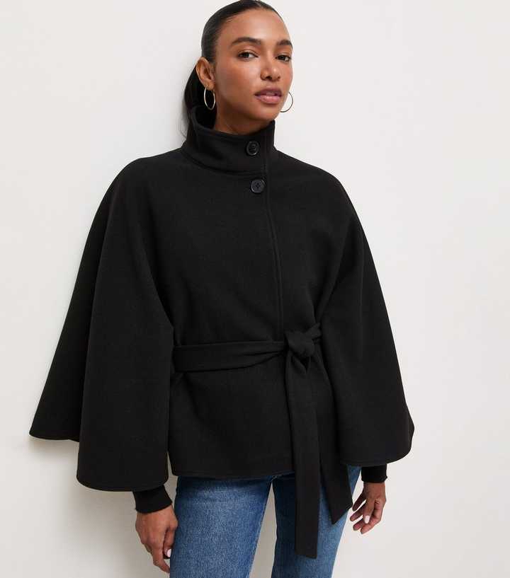 Black Button Front High Neck Cape Jacket