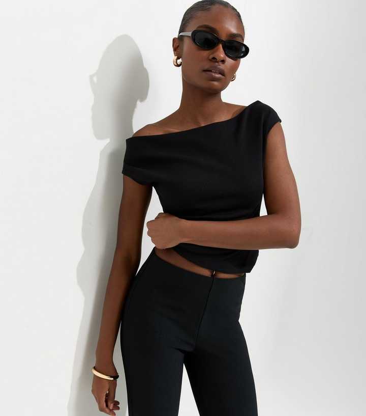 Black Cotton Rich Ribbed Bardot Off The Shoulder Top