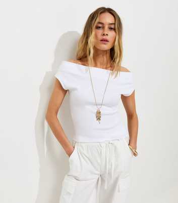 White Cotton Rich Ribbed Bardot Off The Shoulder Top