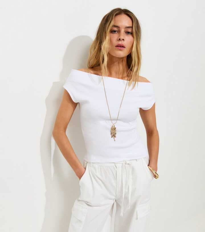 White Cotton Rich Ribbed Bardot Off The Shoulder Top