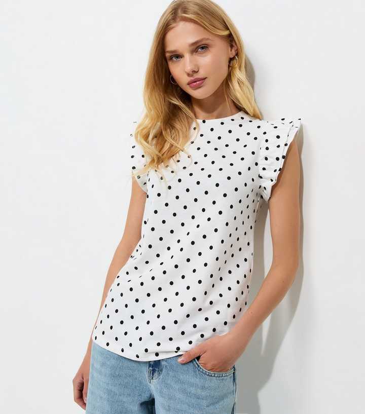 White Cotton Polka Dot Ruffled Sleeve T-Shirt