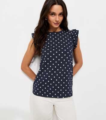 Blue Cotton Polka Dot Ruffled Sleeve T-Shirt