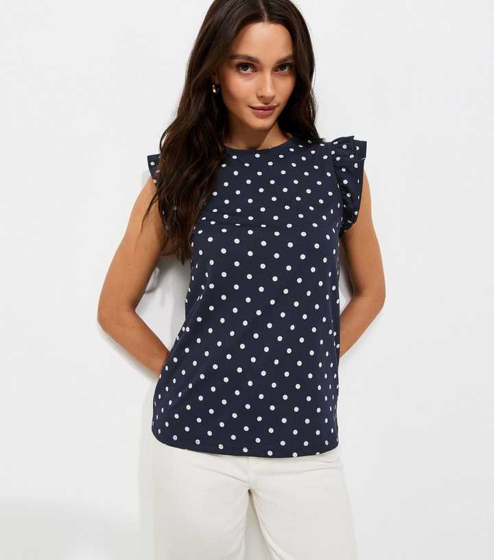 Blue Cotton Polka Dot Ruffled Sleeve T-Shirt