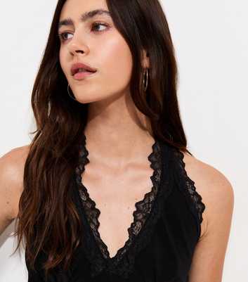 Black Slinky Jersey Lace Trim Halterneck Top