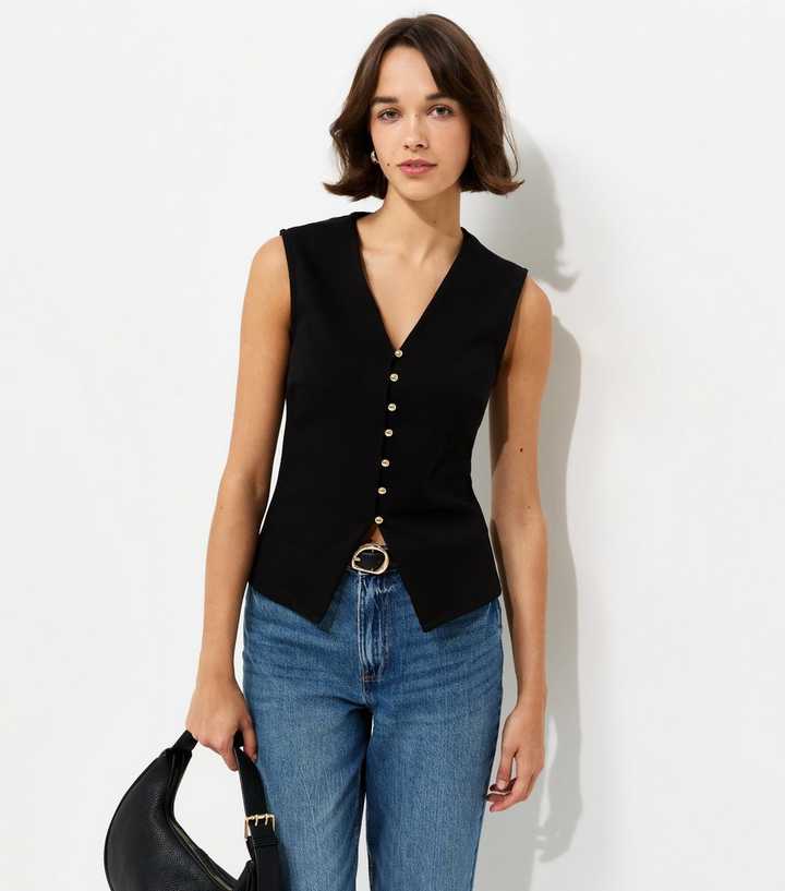 Black Cotton Rich Ponte V-Neck Waistcoat