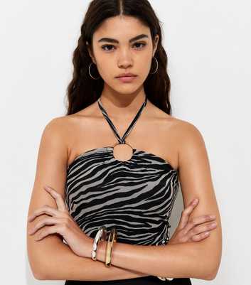 Black Zebra Print Mesh Halter Neck Top