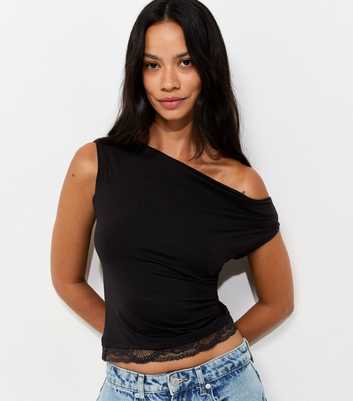 Black Off the Shoulder Lace Hem Top