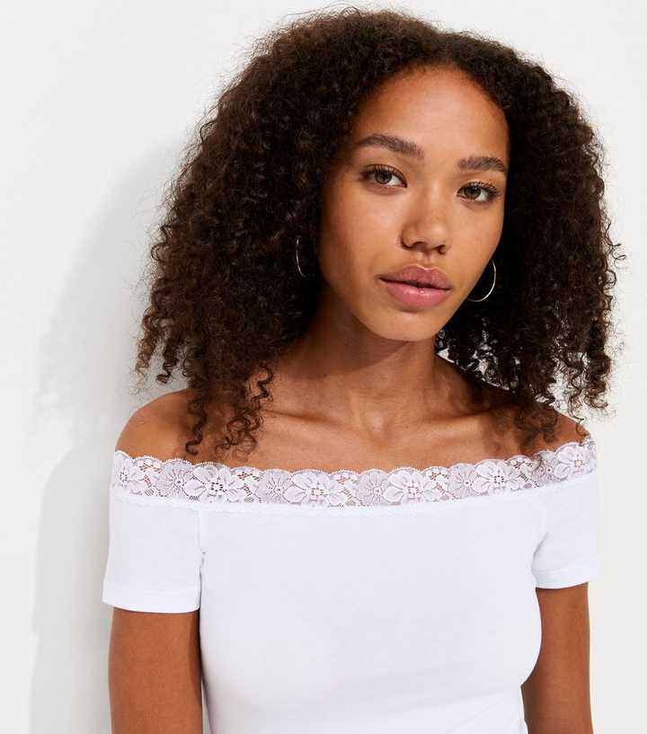 White Cotton Rich Lace Trim Bardot T-Shirt