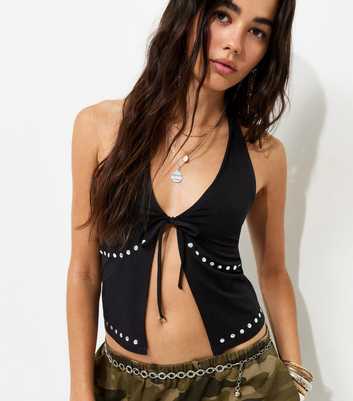Black Jersey Studded Trim Halter Neck Top