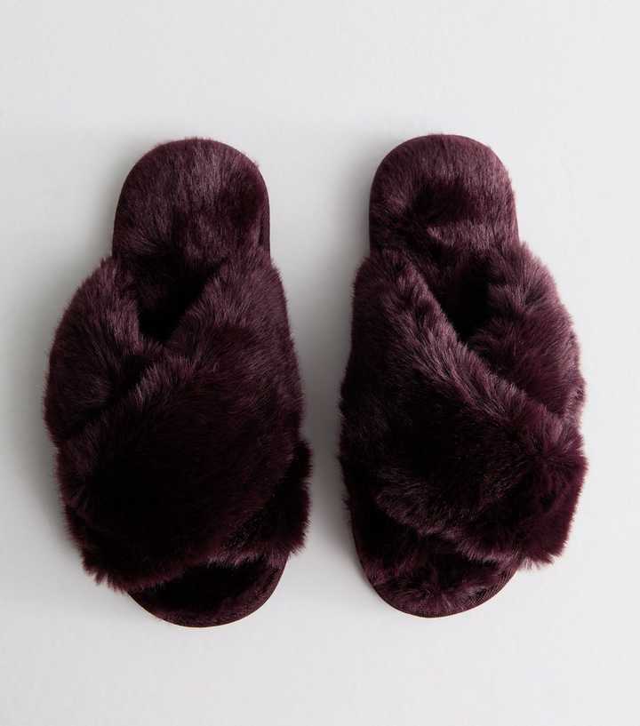 Dark Burgundy Faux Fur Slider Slippers