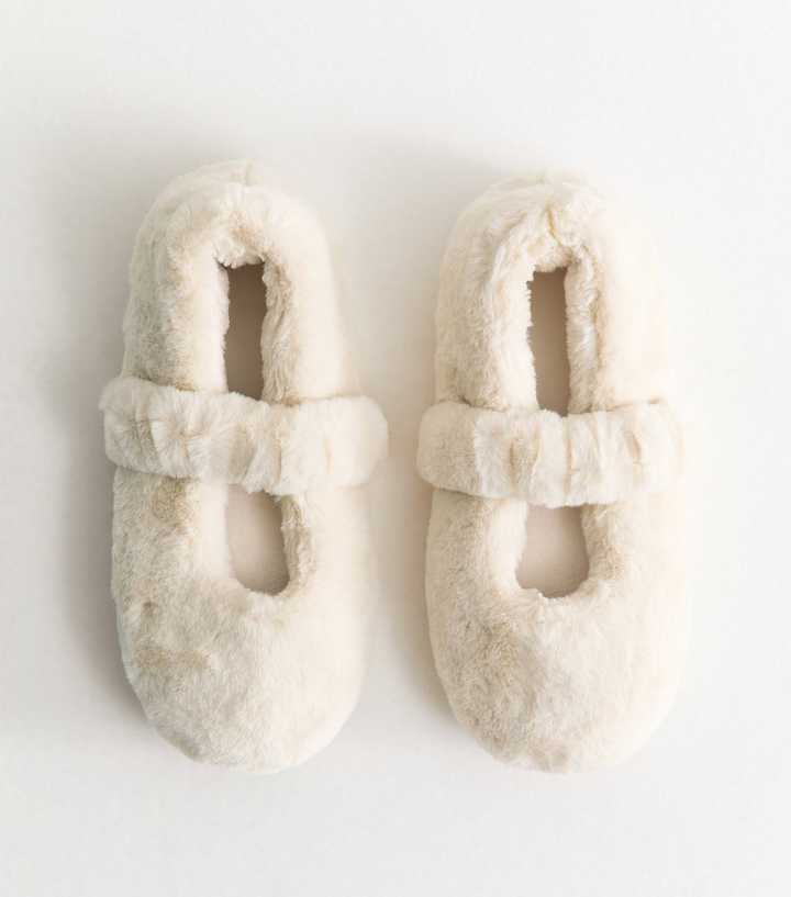 Off White Faux Fur Mary Jane Ballet Slippers