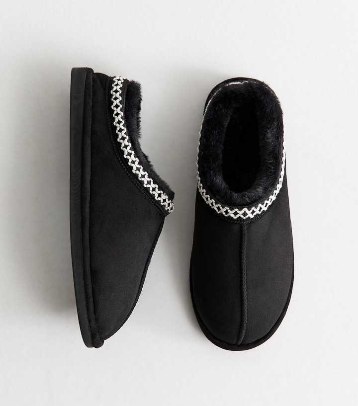 Black Faux Suede Lace Trim Slipper Boots