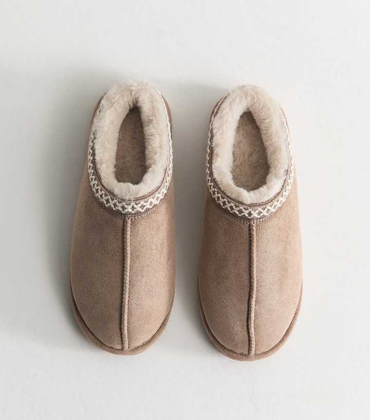 Light Brown Faux Suede Lace Trim Slipper Boots