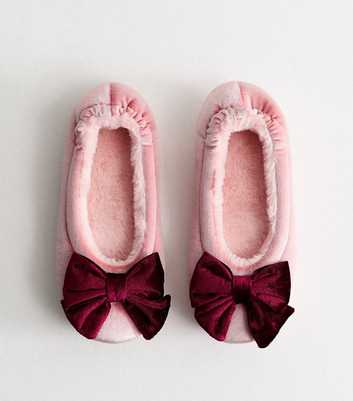 Light Pink Velvet Top Bow Ballet Slippers