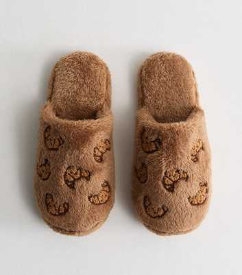 Camel Faux Fur Fluffy Embroidered Croissant Slippers