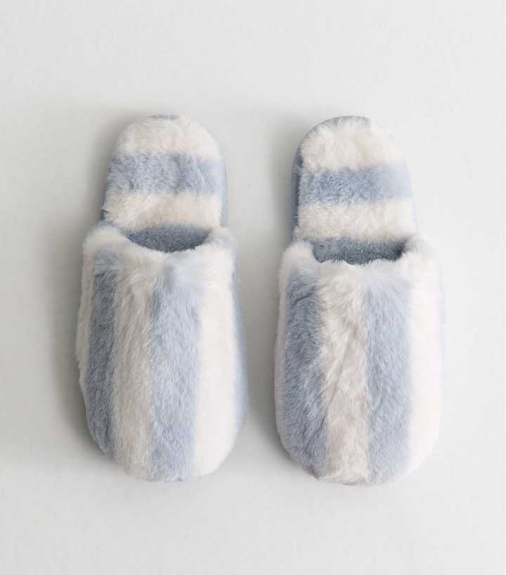 Blue Faux Fur Striped Slippers
