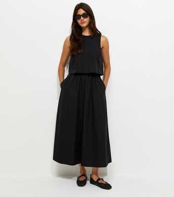 Black Cotton Layered 2-in-1 Sleeveless Midi Dress