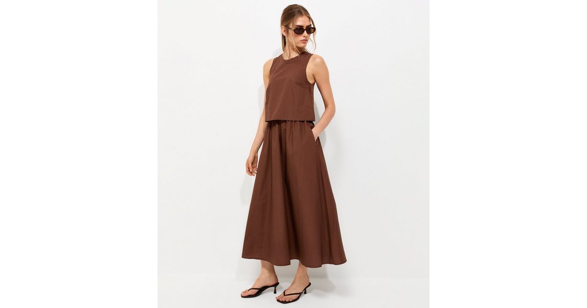 Dark Brown Cotton Layered 2-in-1 Sleeveless Midi Dress