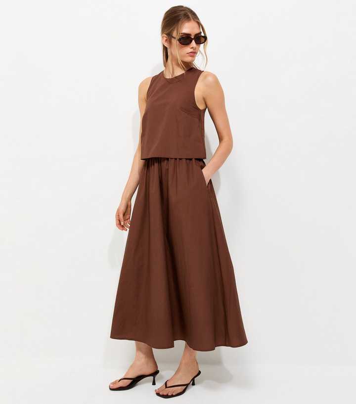 Dark Brown Cotton Layered 2-in-1 Sleeveless Midi Dress