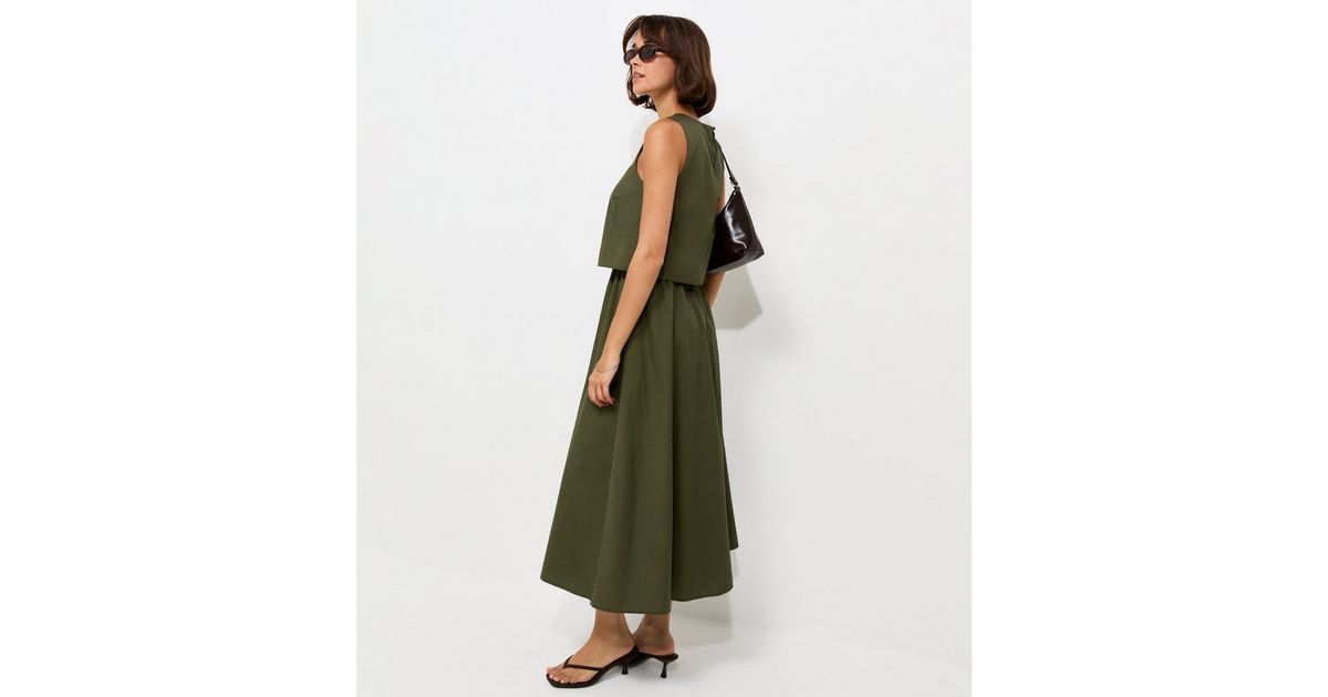 Dark Khaki Cotton Layered 2-in-1 Sleeveless Midi Dress