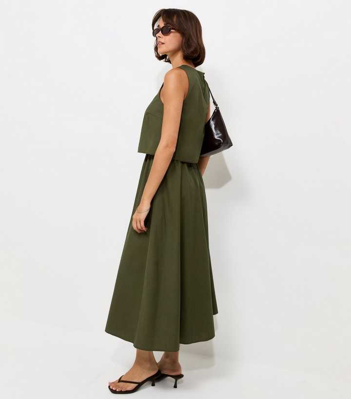 Dark Khaki Cotton Layered 2-in-1 Sleeveless Midi Dress