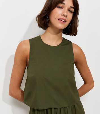 Dark Khaki Cotton Layered 2-in-1 Sleeveless Midi Dress