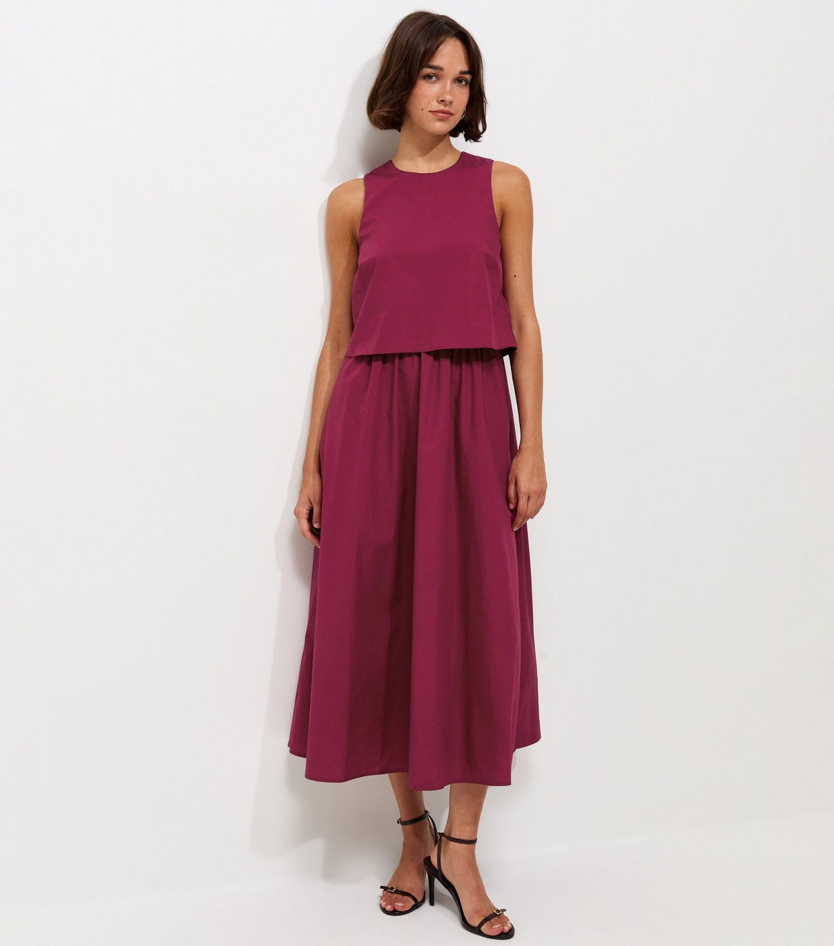 Women's Dark Burgundy Cotton Layered 2-in-1 Sleeveless Midi Dress New Look