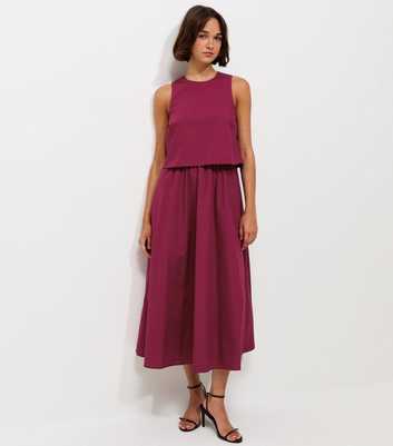 Dark Burgundy Cotton Layered 2-in-1 Sleeveless Midi Dress