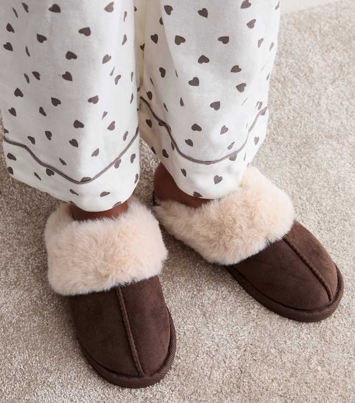 Tan Faux Suede and Faux Fur Backless Mule Slippers