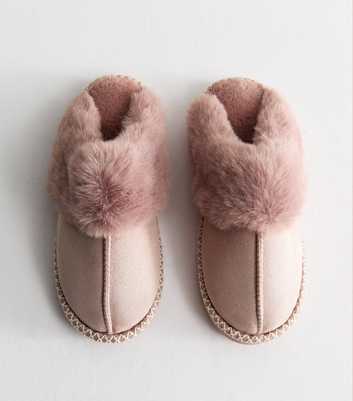 Light Pink Faux Suede Stitch Trim Mule Slippers