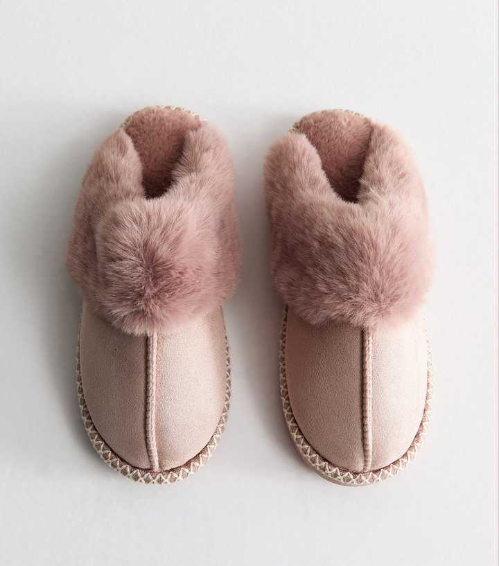 Light Pink Faux Suede Stitch Trim Mule Slippers