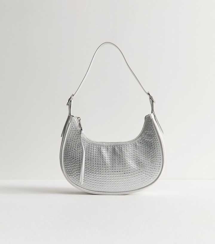 Silver Faux Leather Gem Embellished Curved Shoulder Bag