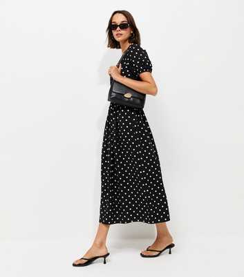 Black Spot Print Ruched Waist V-Neck Midi Dress
