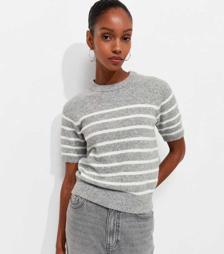 Grey Knitted Horizontal Stripe Set In Sleeve T-Shirt