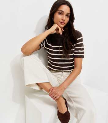 Brown Knitted Horizontal Stripe Set In Sleeve T-Shirt