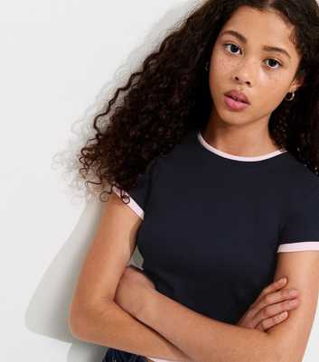 Girls Navy Cotton Rich 2 In 1 Ribbed Ruched Side T-Shirt