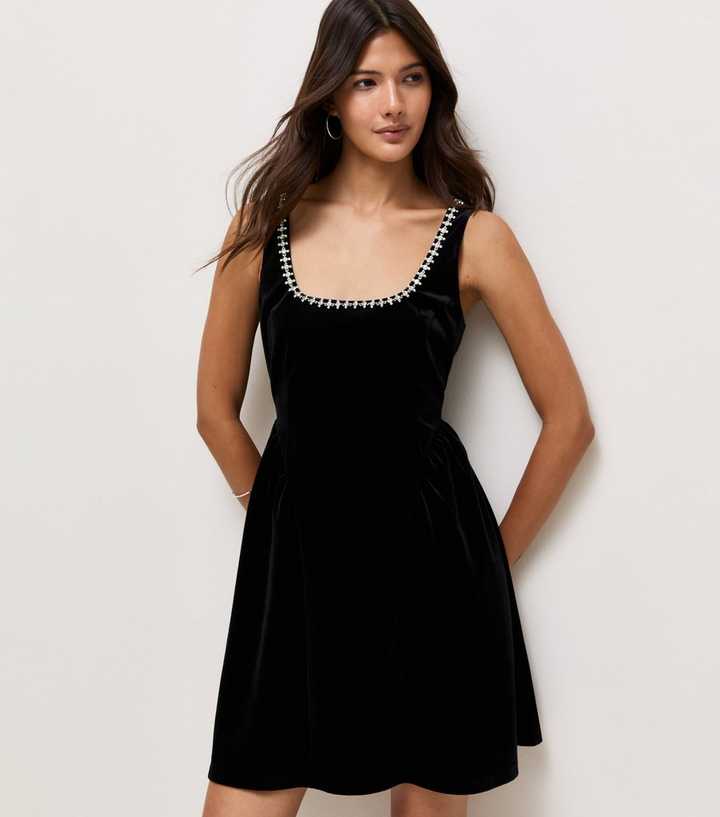 Black Velvet Jersey Diamante Trim Mini Dress