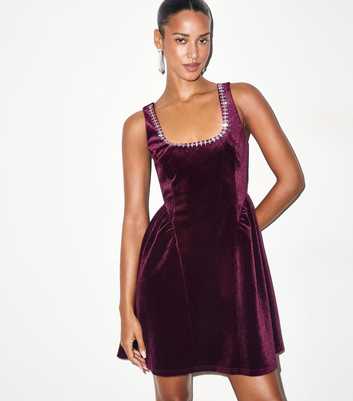 Dark Burgundy Velvet Jersey Diamante Trim Mini Dress