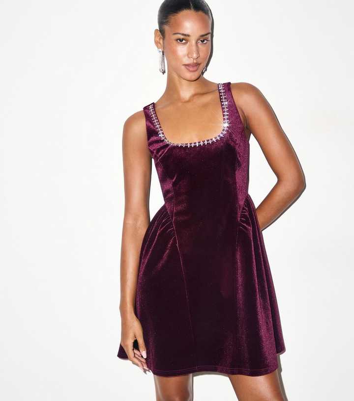 Dark Burgundy Velvet Jersey Diamante Trim Mini Dress